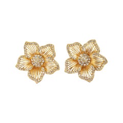 Vintage Gold Tone Clip-On Flower Earrings with Diamante, Circa 1980s