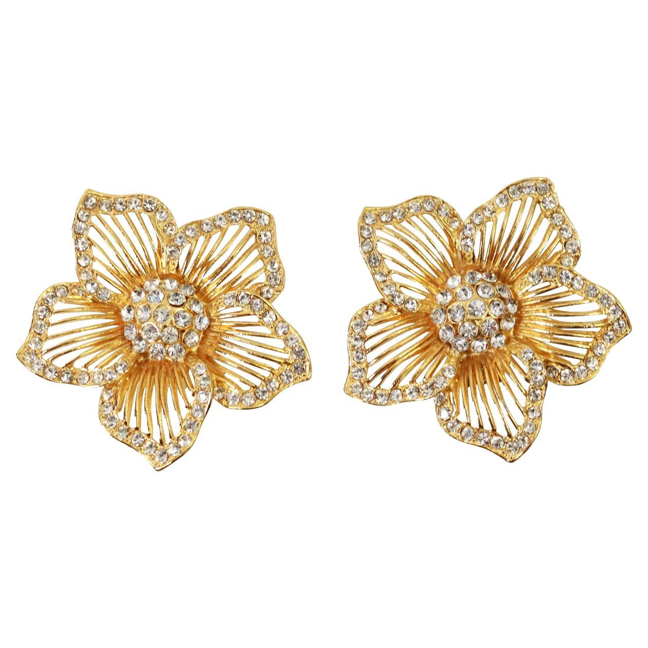 Vintage Gold Tone and Diamante Flower Earrings, Circa 1980's