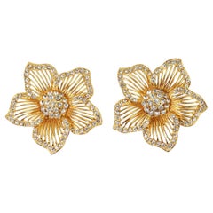 Retro Gold Tone and Diamante Flower Earrings, Circa 1980's