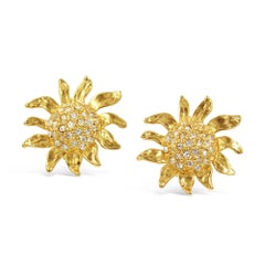 Vintage Gold Tone Diamante Sunflower Clip-On Earrings, Circa 1980s