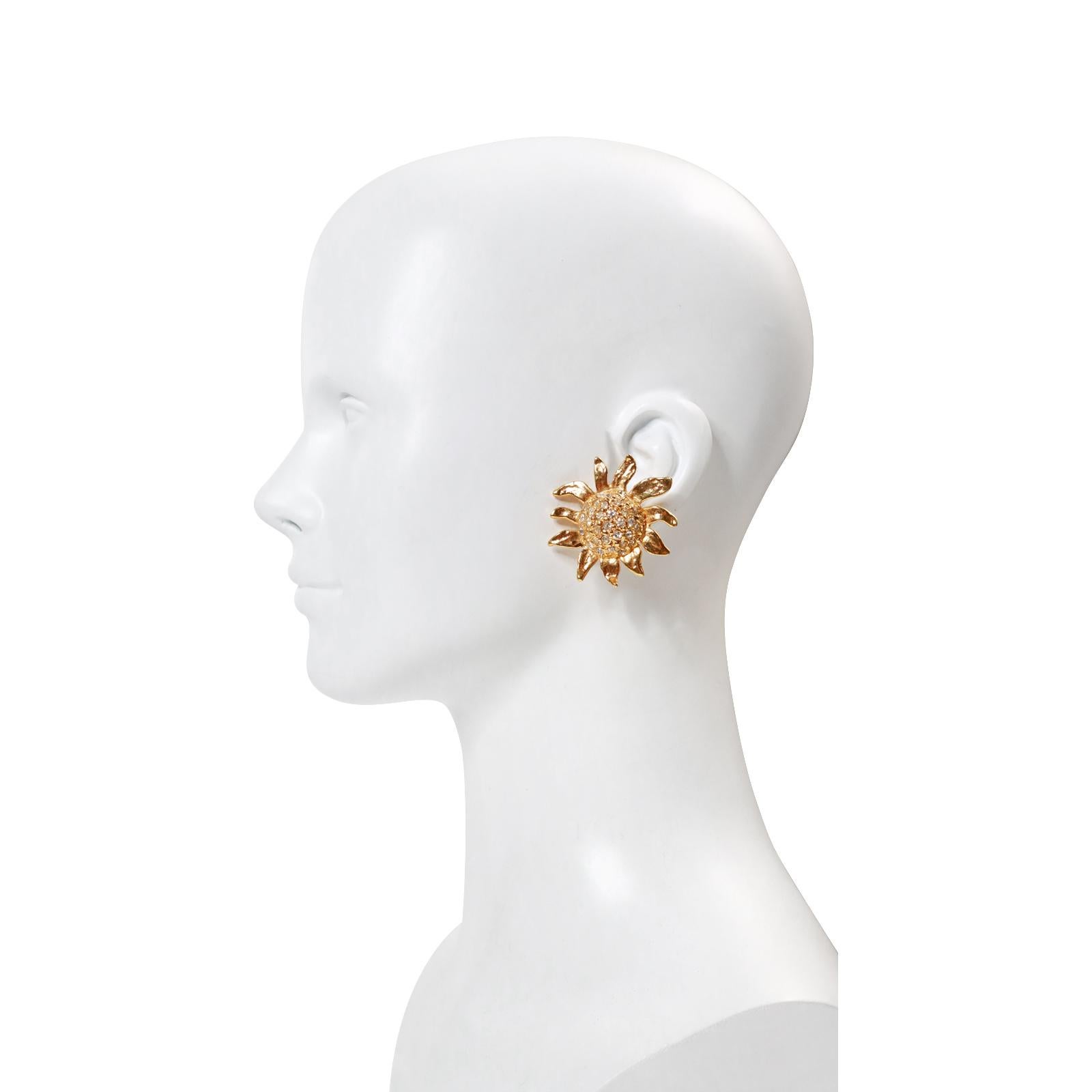 Vintage Gold Tone and Diamante Sun Flower Earrings, Circa 1980's For Sale 2