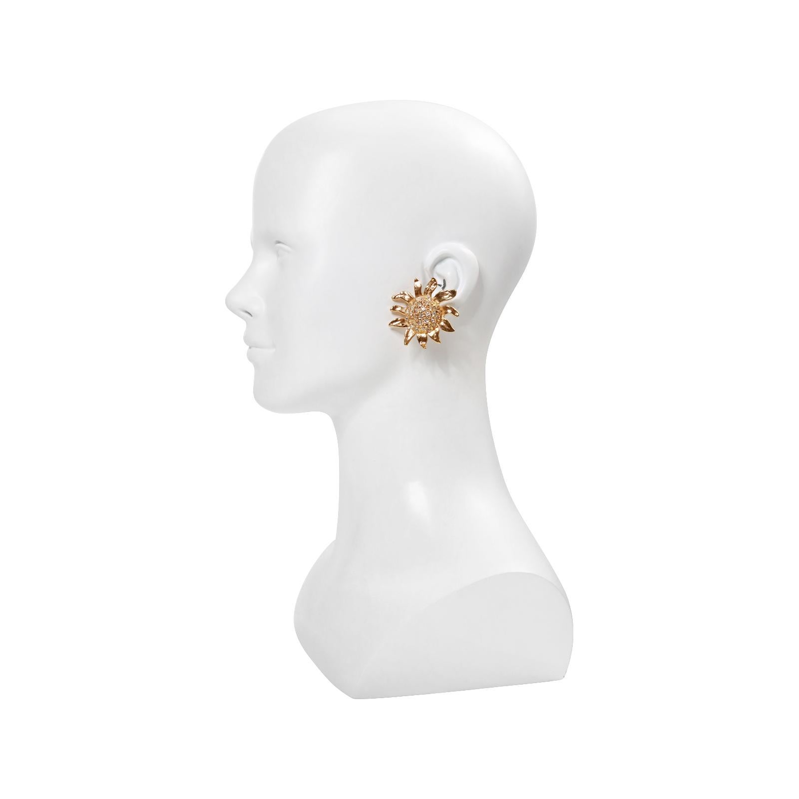 Vintage Gold Tone and Diamante Sun Flower Earrings, Circa 1980's For Sale 4