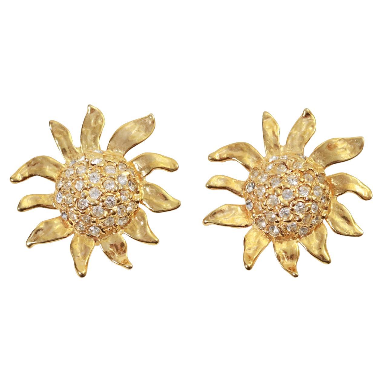 Vintage Gold Tone and Diamante Sun Flower Earrings, Circa 1980's For Sale