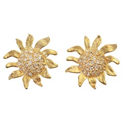Retro Gold Tone and Diamante Sun Flower Earrings, Circa 1980's