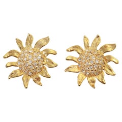 Vintage Gold Tone and Diamante Sun Flower Earrings, Circa 1980's