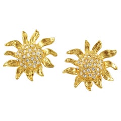 Orecchini vintage a forma di fiore solare con diamanti e tonalità oro, CIRCA 1980