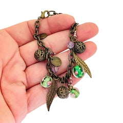 Vintage gold tone art glass beads charm chain bracelet