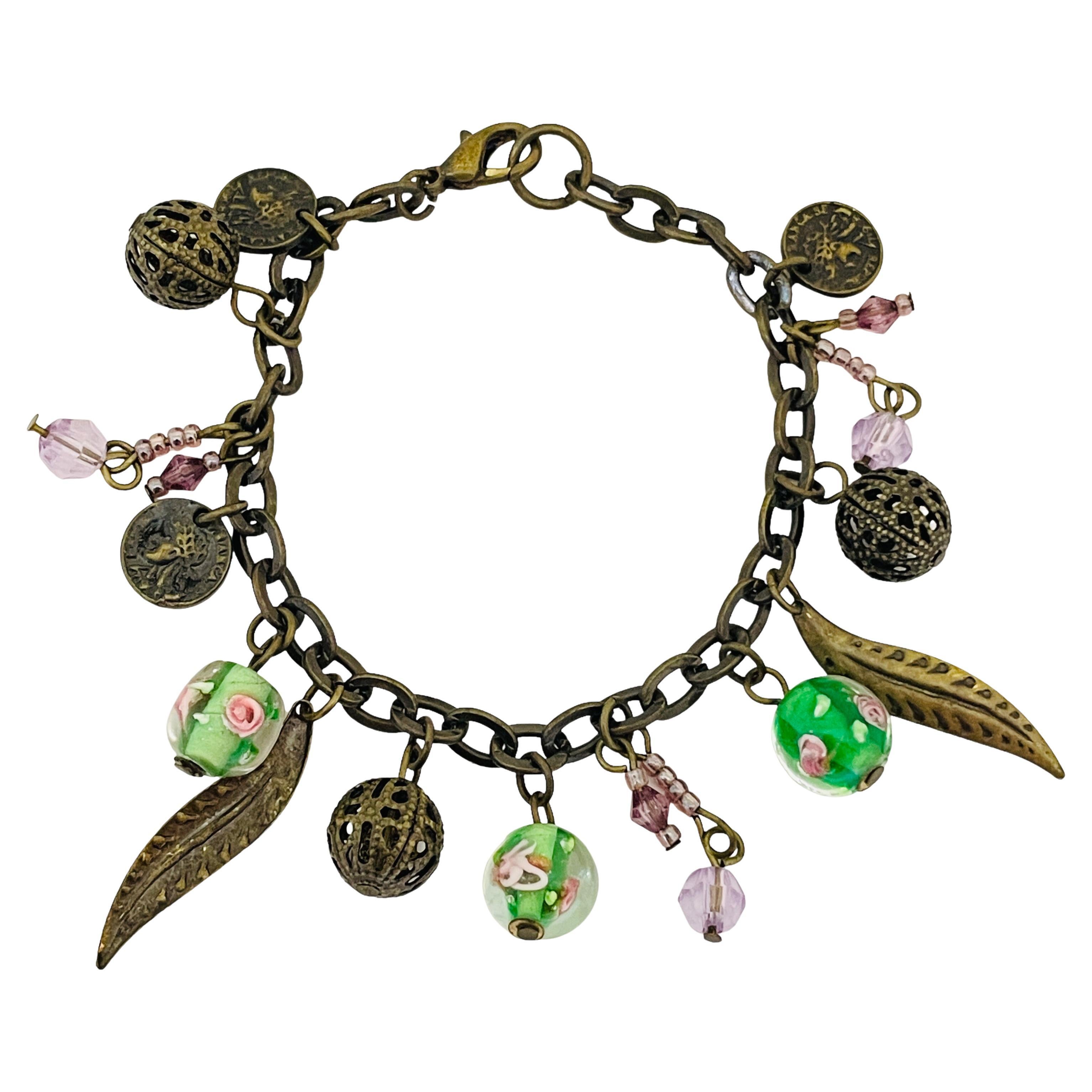 Vintage gold tone art glass beads charm chain bracelet