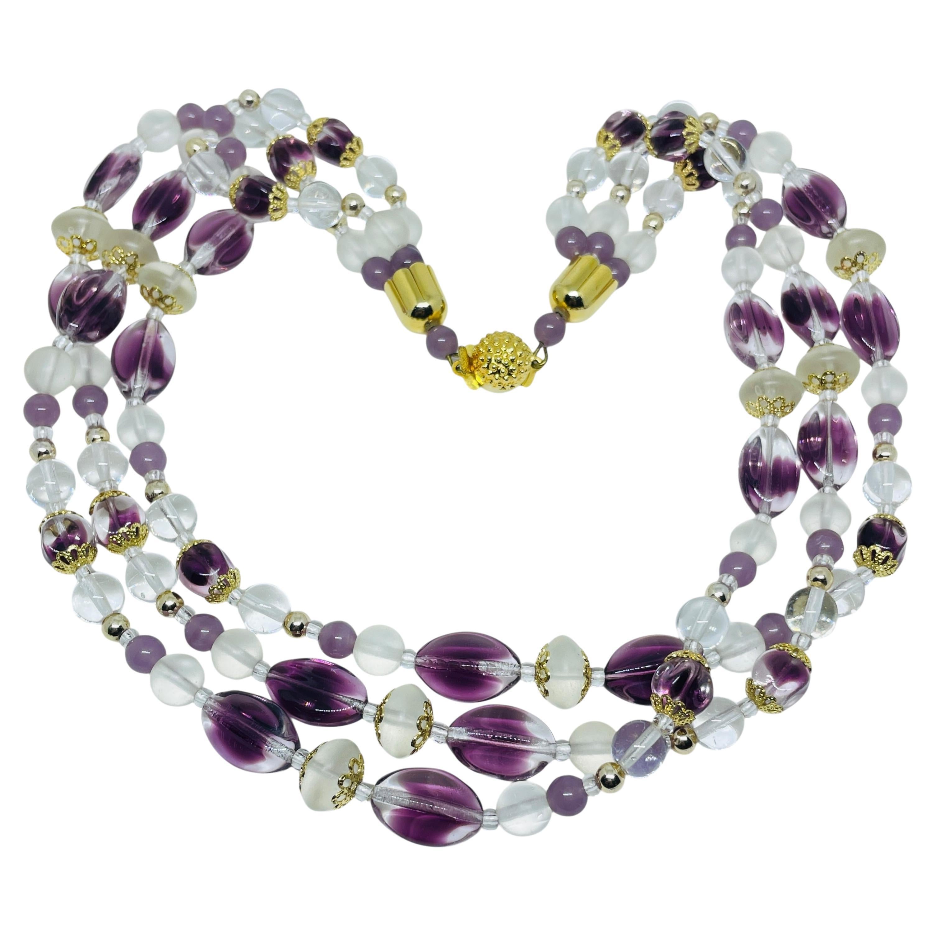Vintage gold tone art glass beads designer multi strand designer necklace