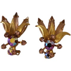 Vintage Gold Tone Aurora Borealis and Pink Rhinestone Floral Clip-On Earrings