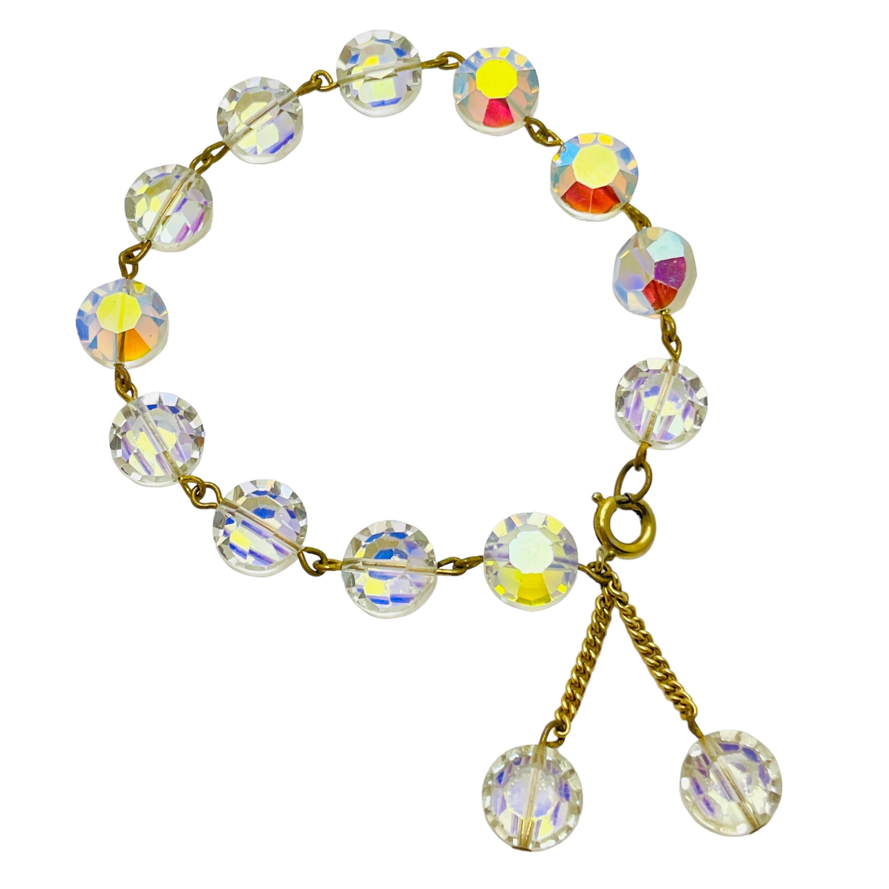 Women's Vintage gold tone aurora borealis crystal beads bracelet For Sale