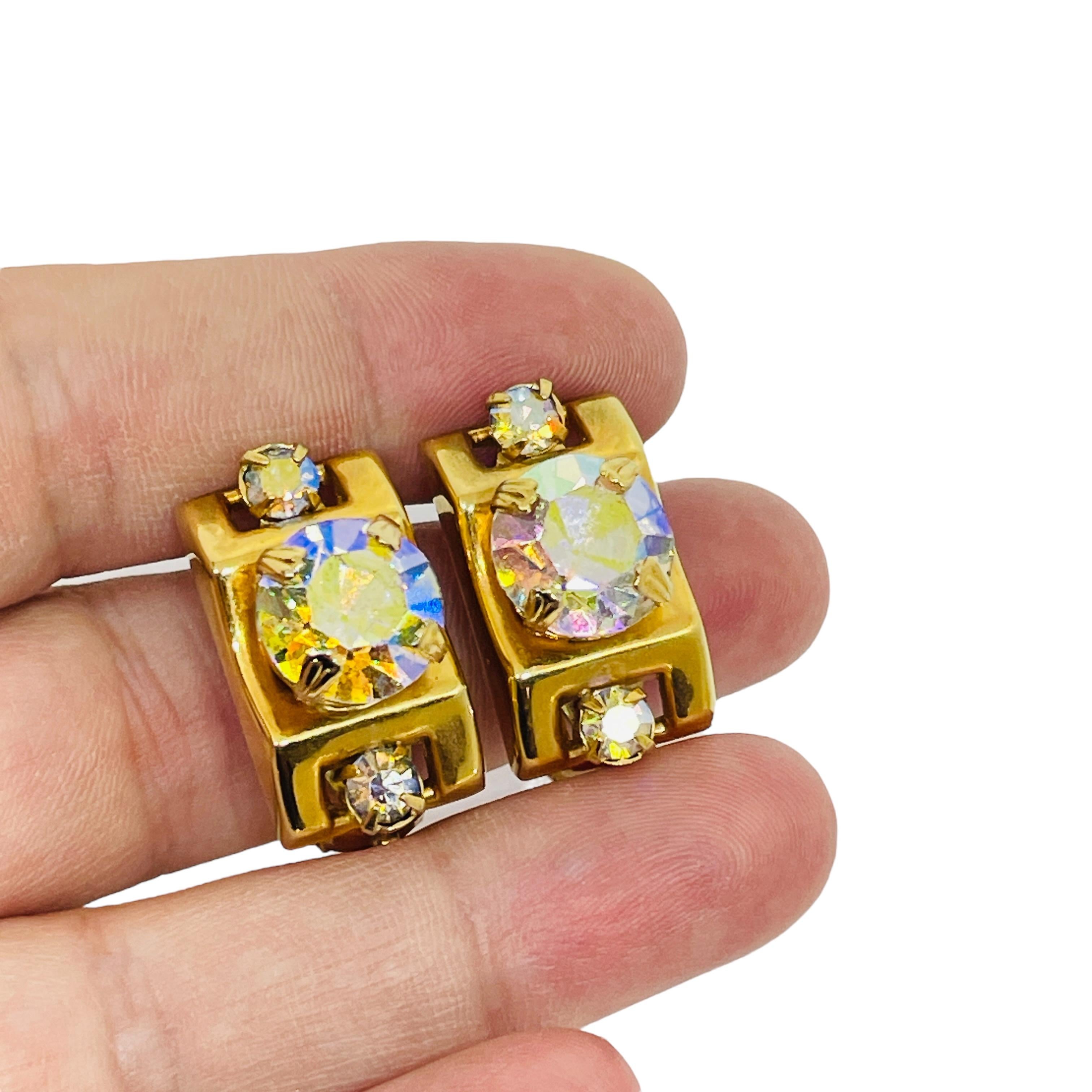 Vintage gold tone aurora borealis glass stones designer clip on earrings For Sale 1