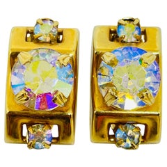 Vintage gold tone aurora borealis glass stones designer clip on earrings