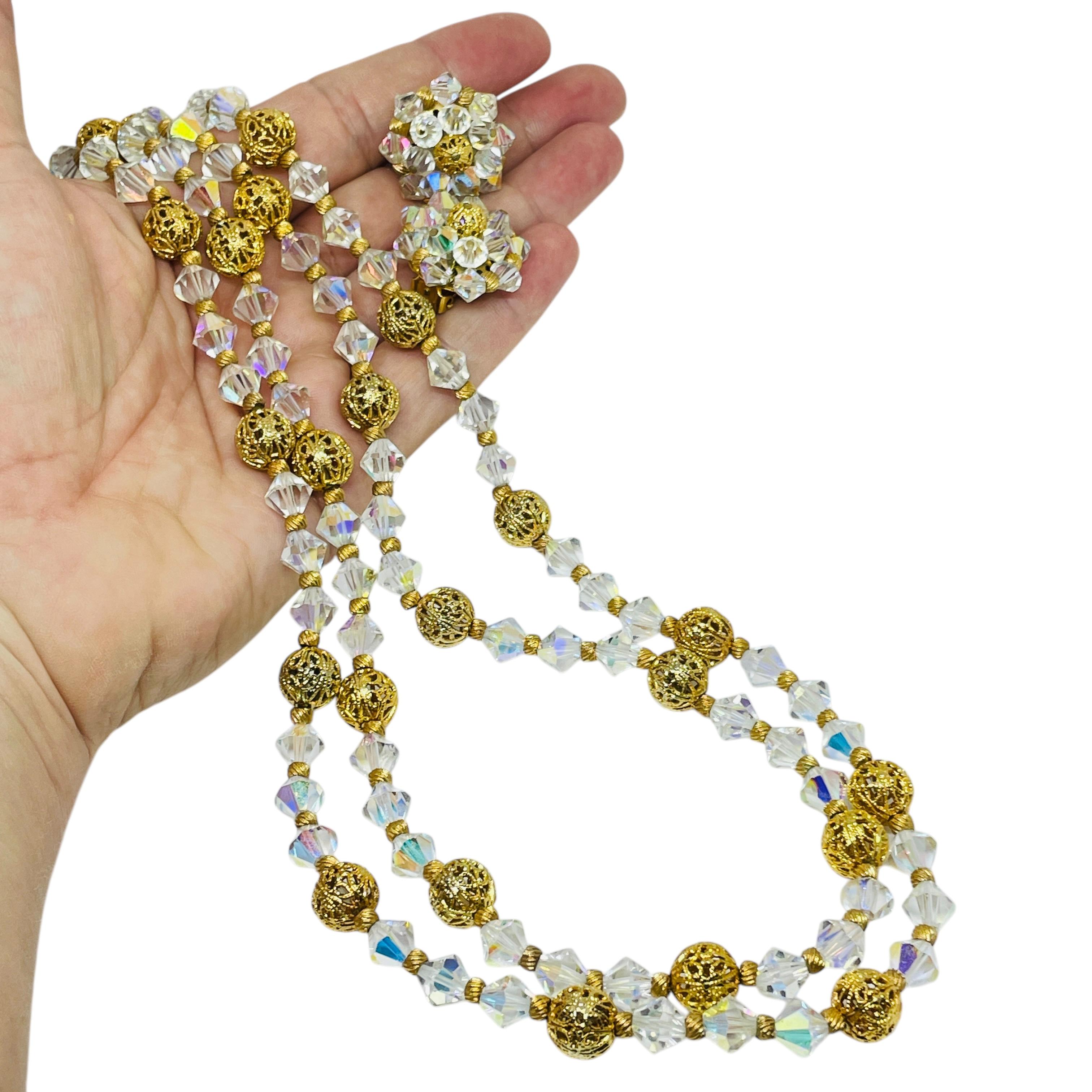 Vintage gold tone aurora crystal beaded clip on earrings necklace set For Sale 2