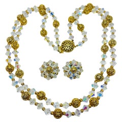 Conjunto de collar y pendientes con cuentas de cristal de aurora en tono dorado vintage