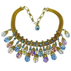 Vintage gold tone aurora crystals massive waterfall necklace earrings set