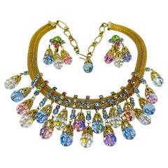 Vintage gold tone aurora crystals massive waterfall necklace earrings set