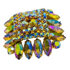 Vintage gold tone aurora rhinestone massive designer brooch