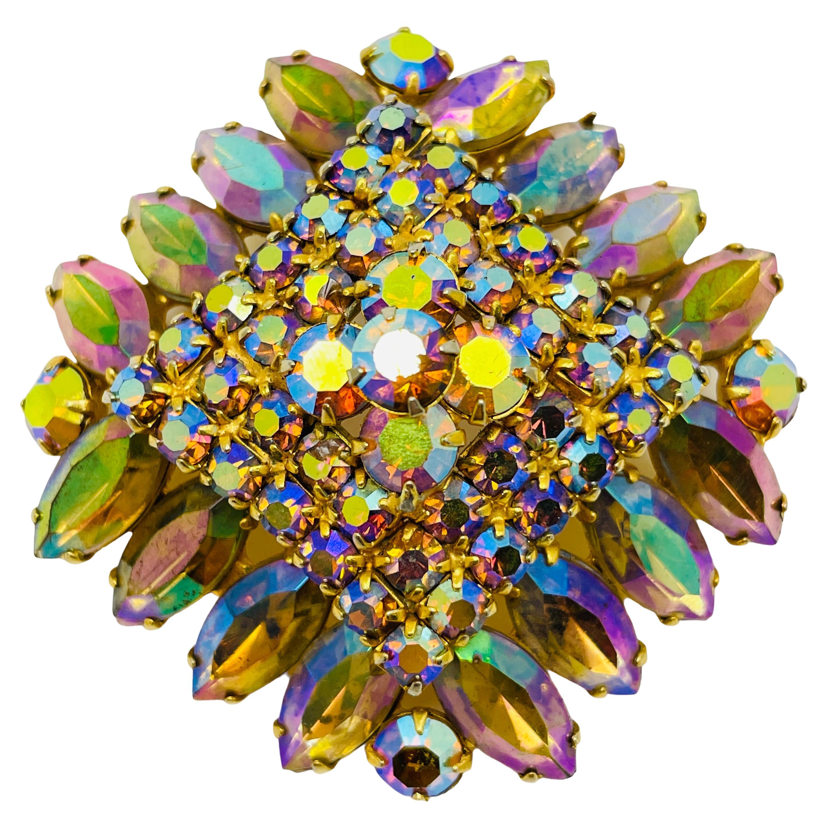 Vintage gold tone aurora rhinestone massive designer brooch