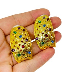 Vintage gold tone basket wave jewel colorful rhinestones designer clip earrings