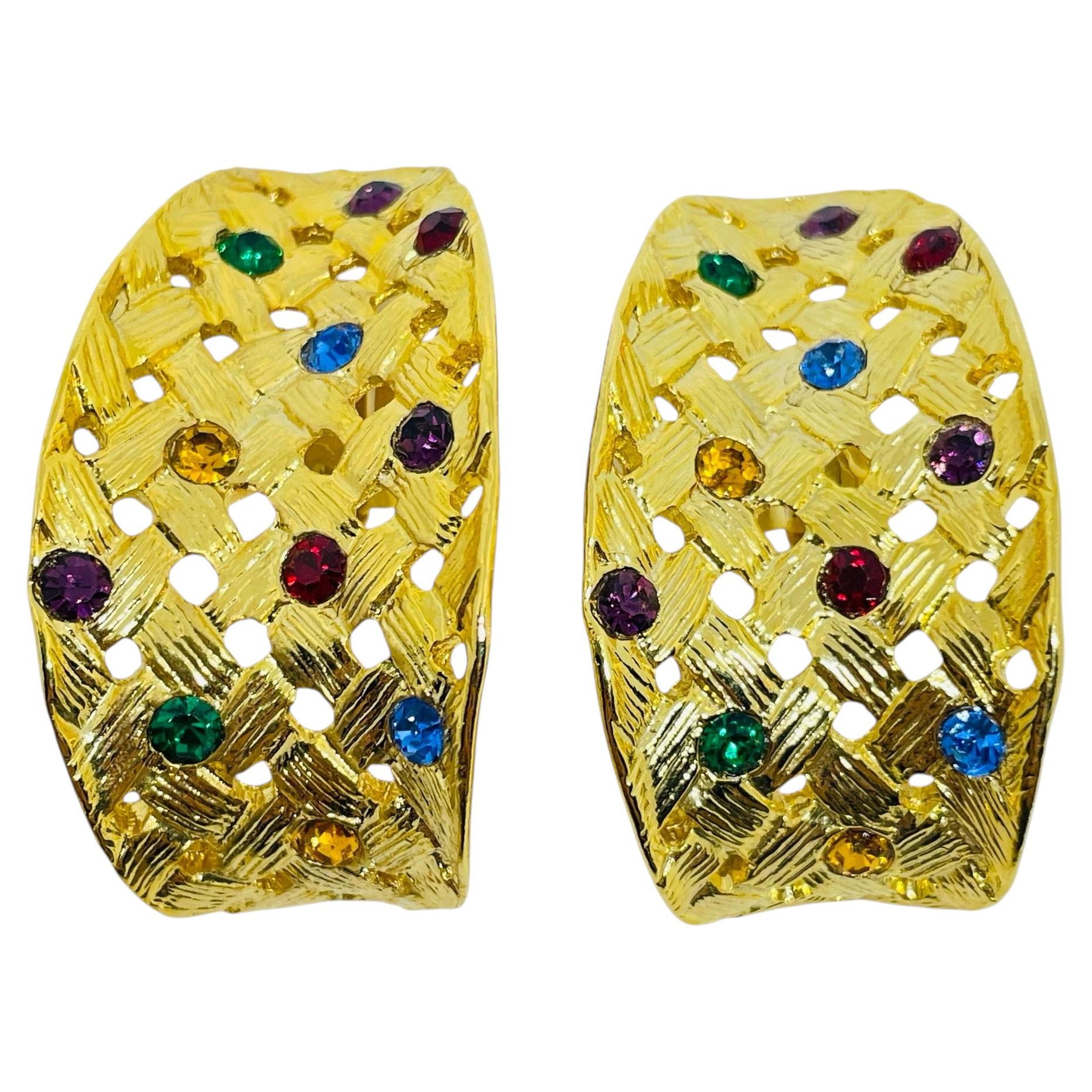 Vintage gold tone basket wave jewel colorful rhinestones designer clip earrings For Sale