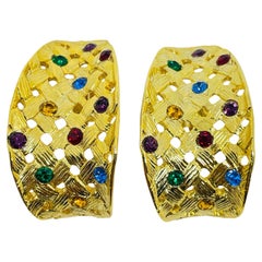 Vintage gold tone basket wave jewel colorful rhinestones designer clip earrings