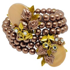 Vintage gold tone beaded flower wrap bracelet