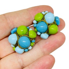 Vintage gold tone beaded glass designer clip on earrings