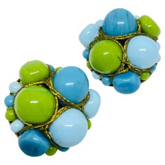 Vintage gold tone beaded glass designer clip on earrings