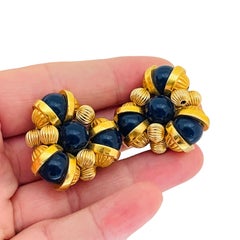 Vintage gold tone black beaded designer clip on earrings