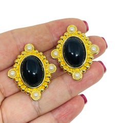 Vintage gold tone black cab pearls Maltese cross designer clip on earrings
