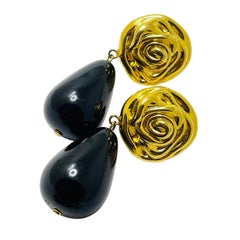 Vintage gold tone black drop designer clip on earrings