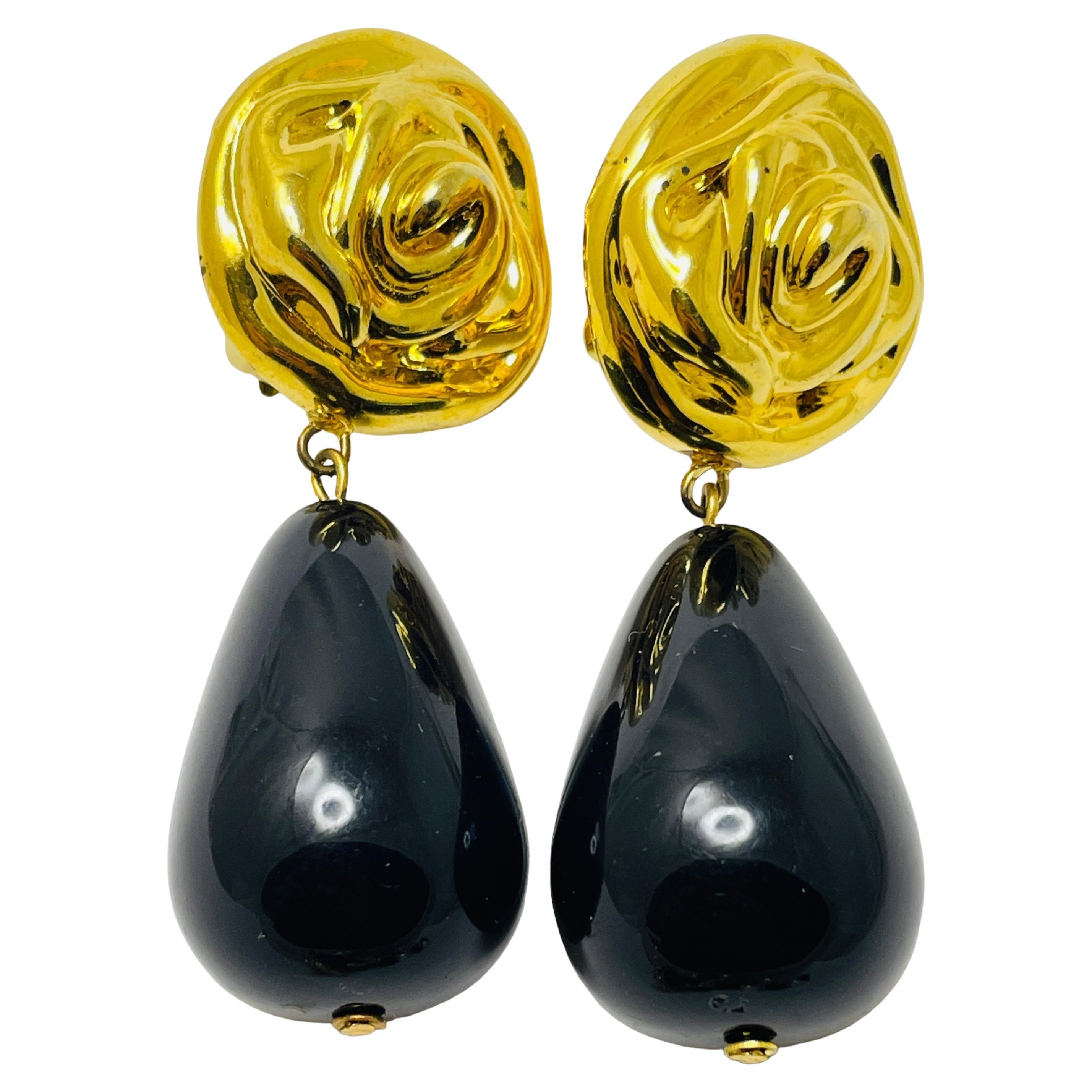 Vintage gold tone black drop designer clip on earrings