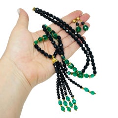 Vintage gold tone black emerald green crystals tassel designer necklace earrings