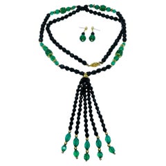 Vintage gold tone black emerald green crystals tassel designer necklace earrings