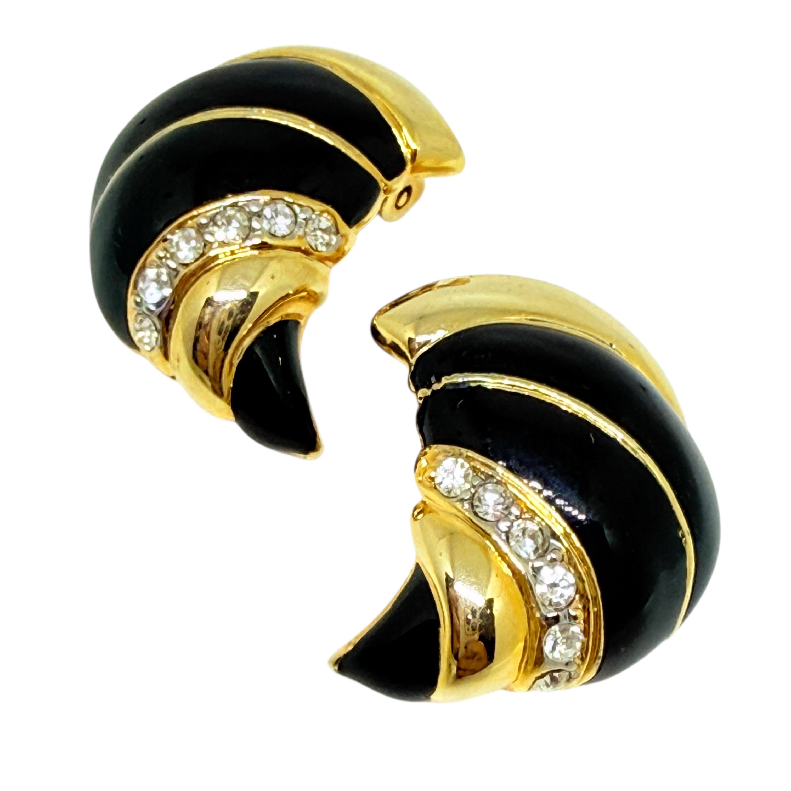 da uomo o donna Orecchini a clip d'epoca in oro, smalto nero e strass di design in vendita