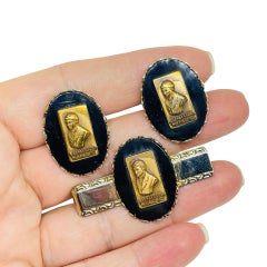 Vintage Gold Ton schwarz Glas A SENEFELDER N.A.L.C. Krawattenklammer Manschettenknöpfe Set