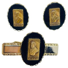 Vintage Gold Ton schwarz Glas A SENEFELDER N.A.L.C. Krawattenklammer Manschettenknöpfe Set