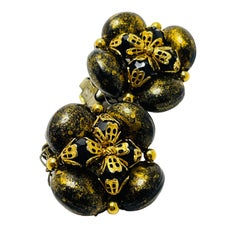 Vintage gold tone black glass beaded cluster clip on earrings