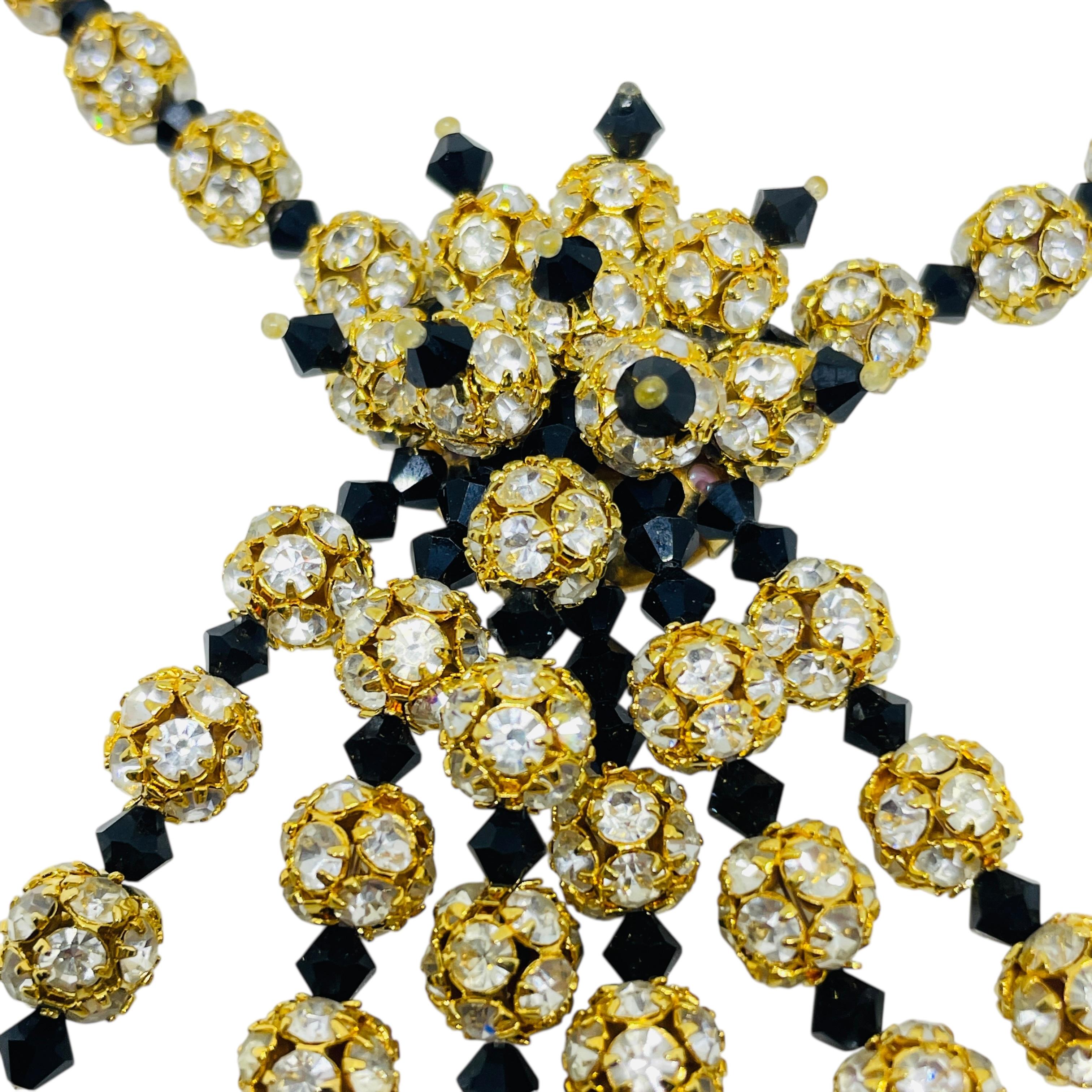 Vintage Gold Ton schwarz Glasperlen Strass Cluster einzigartige Halskette im Angebot 1