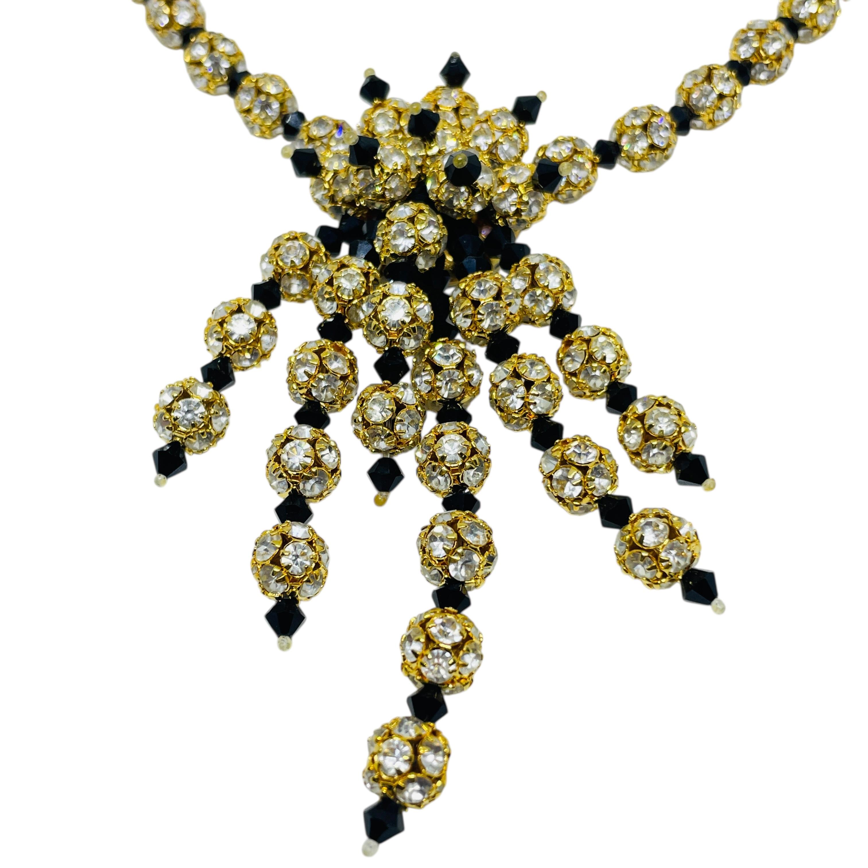 Vintage Gold Ton schwarz Glasperlen Strass Cluster einzigartige Halskette im Angebot 2