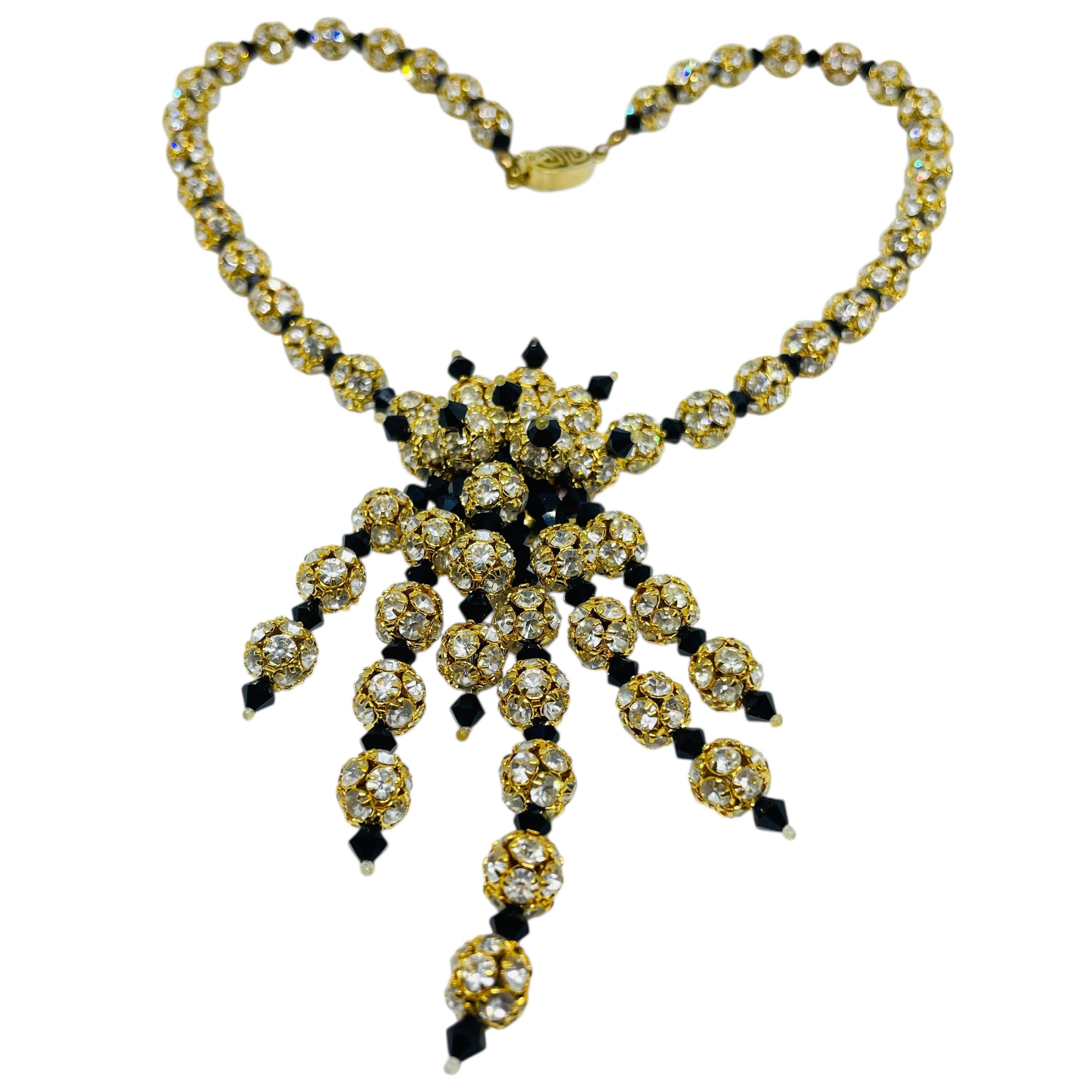 Vintage Gold Ton schwarz Glasperlen Strass Cluster einzigartige Halskette im Angebot 3
