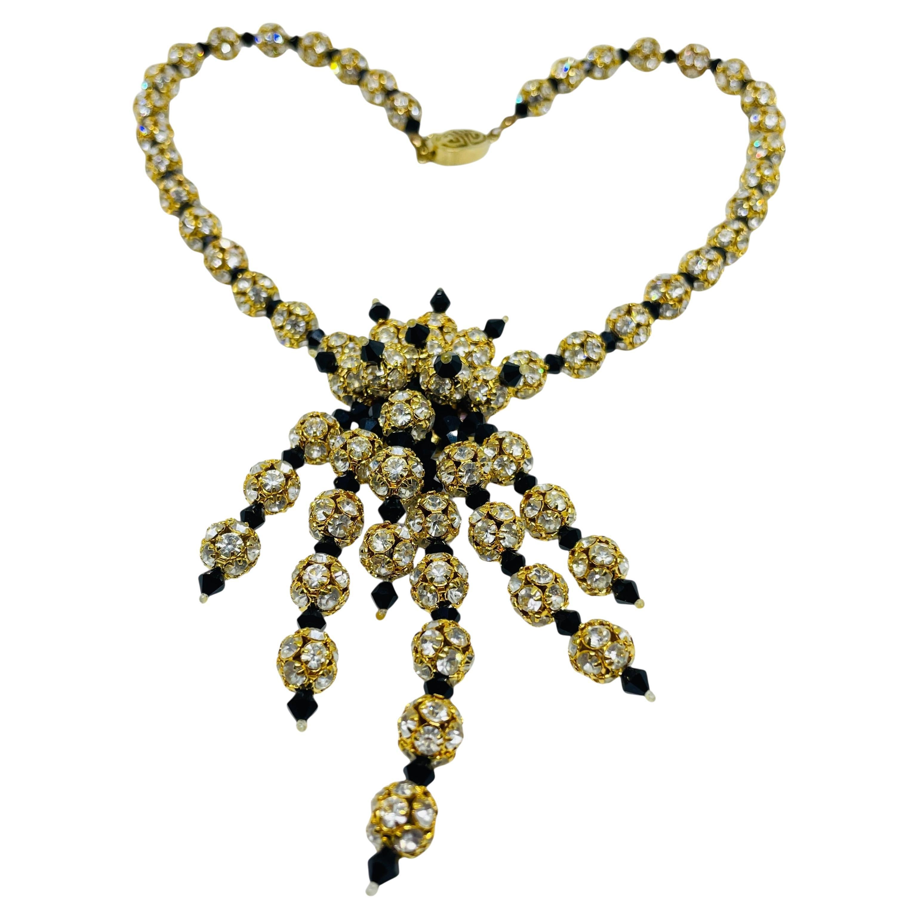 Vintage Gold Ton schwarz Glasperlen Strass Cluster einzigartige Halskette im Angebot