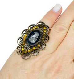 Vintage gold tone black glass cameo rhinestone adjustable ring Western Germany