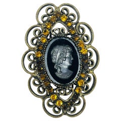 Vintage gold tone black glass cameo rhinestone adjustable ring Western Germany
