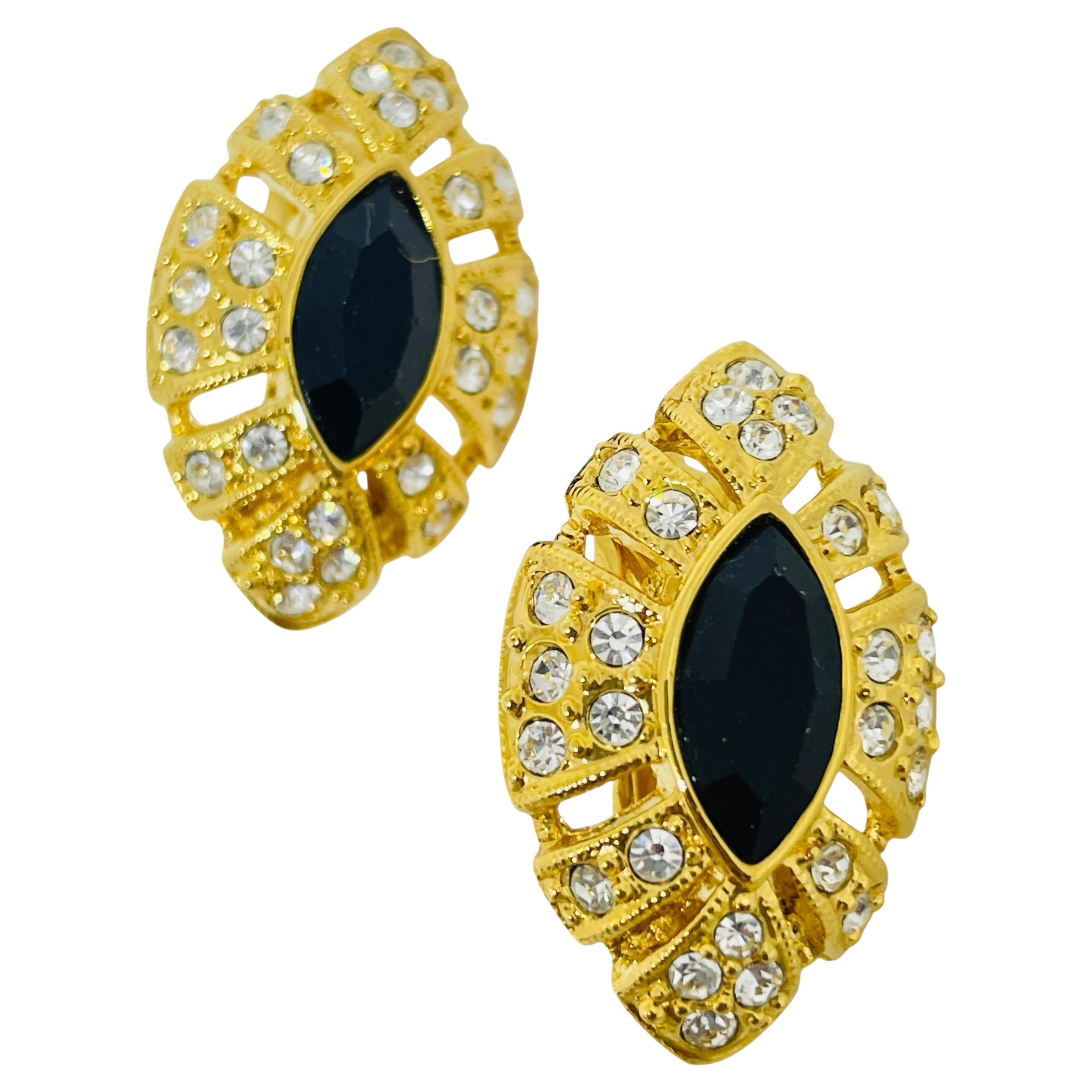 Orecchini a clip di design vintage con strass di vetro nero tono oro