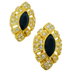 Orecchini a clip di design vintage con strass di vetro nero tono oro