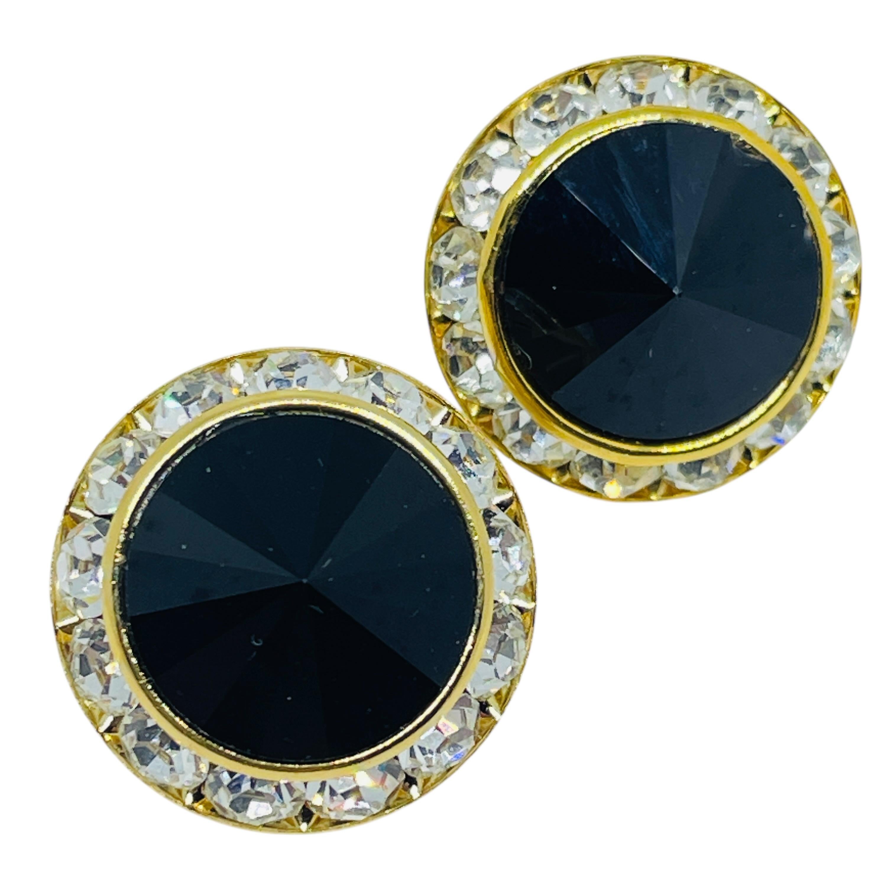Vintage gold tone black rivoli glass rhinestones designer post earrings For Sale