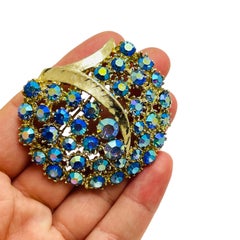 Vintage gold tone blue ab rhinestones designer brooch