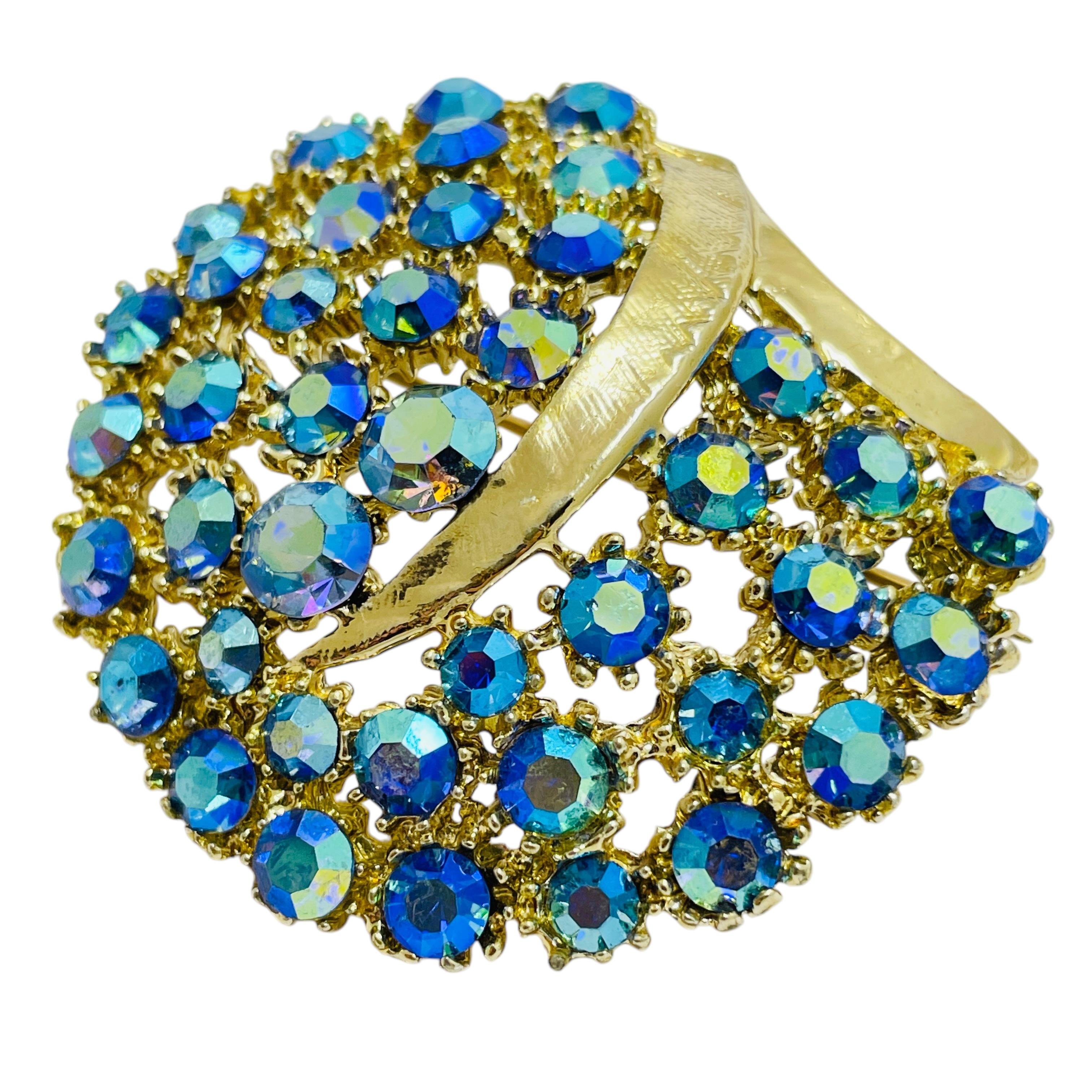 Women's Vintage gold tone blue ab rhinestones designer brooch For Sale